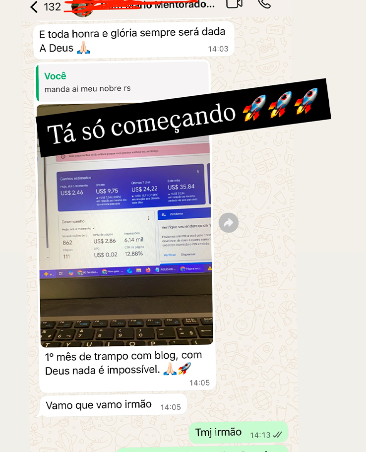 Print WhatsApp - Aluno no primeiro mes com blog